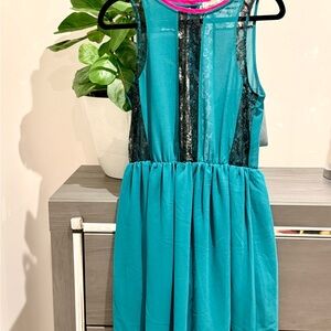Chloe K Pink and Teal Dress with Black Lace